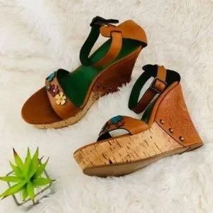 Miss Sixty-Miss Cher Brown leather flower cork high heel strap Size 37-New boxed